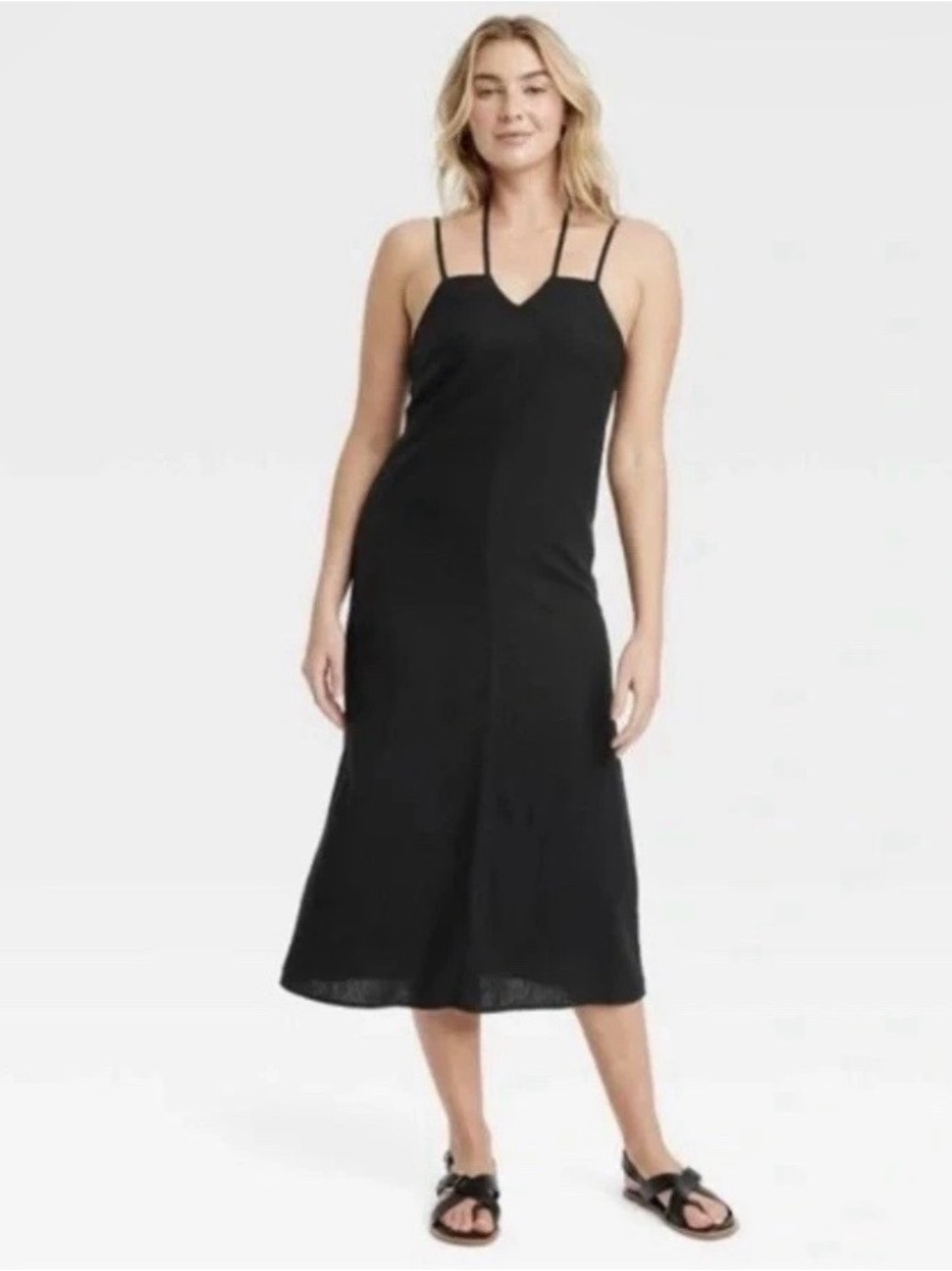 NWT Universal Thread linen blend Black Midi Slip Dress with Double Straps -Med